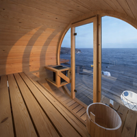 Outdoor Barrel Sauna Crafted for Six Guests, Curved Cedar Wood Shell, Black Glass Door, Premium Heater