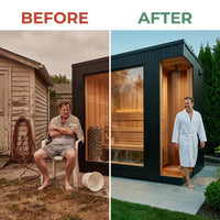 Outdoor Sauna Built for Year-Round Use, Cedar Interior, Integrated Rinse Bay, Panoramic Picture Window — Before & After