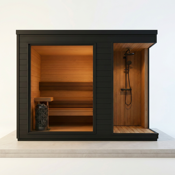 Outdoor Sauna Built for Year-Round Use, Cedar Interior, Integrated Rinse Bay, Panoramic Picture Window — Studio Shot