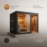 Outdoor Sauna Built for Year-Round Use, Cedar Interior, Integrated Rinse Bay, Panoramic Picture Window — infographic