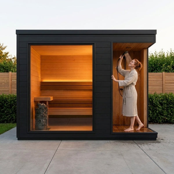 Outdoor Sauna Built for Year-Round Use, Cedar Interior, Integrated Rinse Bay, Panoramic Picture Window