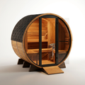 Outdoor Barrel Sauna Crafted for Six Guests, Curved Cedar Wood Shell, Black Glass Door, Premium Heater