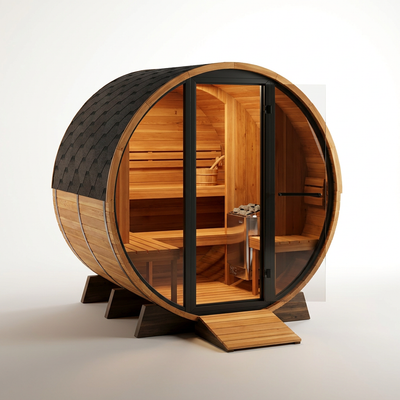 Outdoor Barrel Sauna Crafted for Six Guests, Curved Cedar Wood Shell, Black Glass Door, Premium Heater