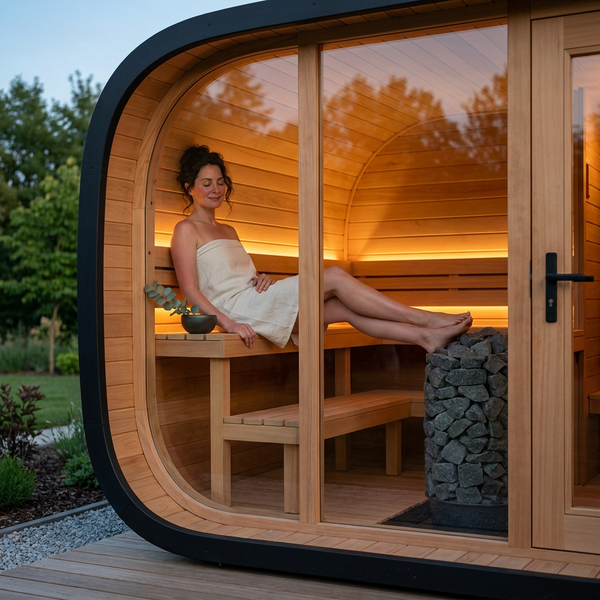 Outdoor Sauna Built for Year-Round Wellness, Cedar Interior, Stone Heater, Glass-Front Design