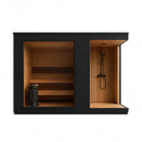 Outdoor Sauna Built for Year-Round Use, Cedar Interior, Integrated Rinse Bay, Panoramic Picture Window