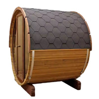 Outdoor Barrel Sauna Crafted for Six Guests, Curved Cedar Wood Shell, Black Glass Door, Premium Heater