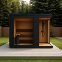 Outdoor Sauna Built for Year-Round Use, Cedar Interior, Integrated Rinse Bay, Panoramic Picture Window