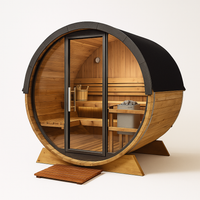 Outdoor Barrel Sauna Crafted for Six Guests, Curved Cedar Wood Shell, Black Glass Door, Premium Heater